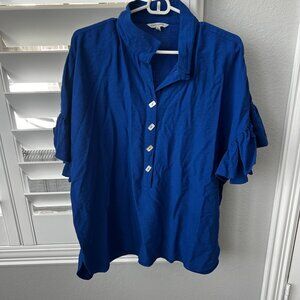 John Mark Blue Blouse with Ruffle Sleeves & Rectangular Buttons